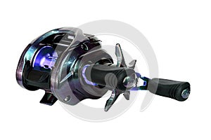 Baitcasting reel on a white background.